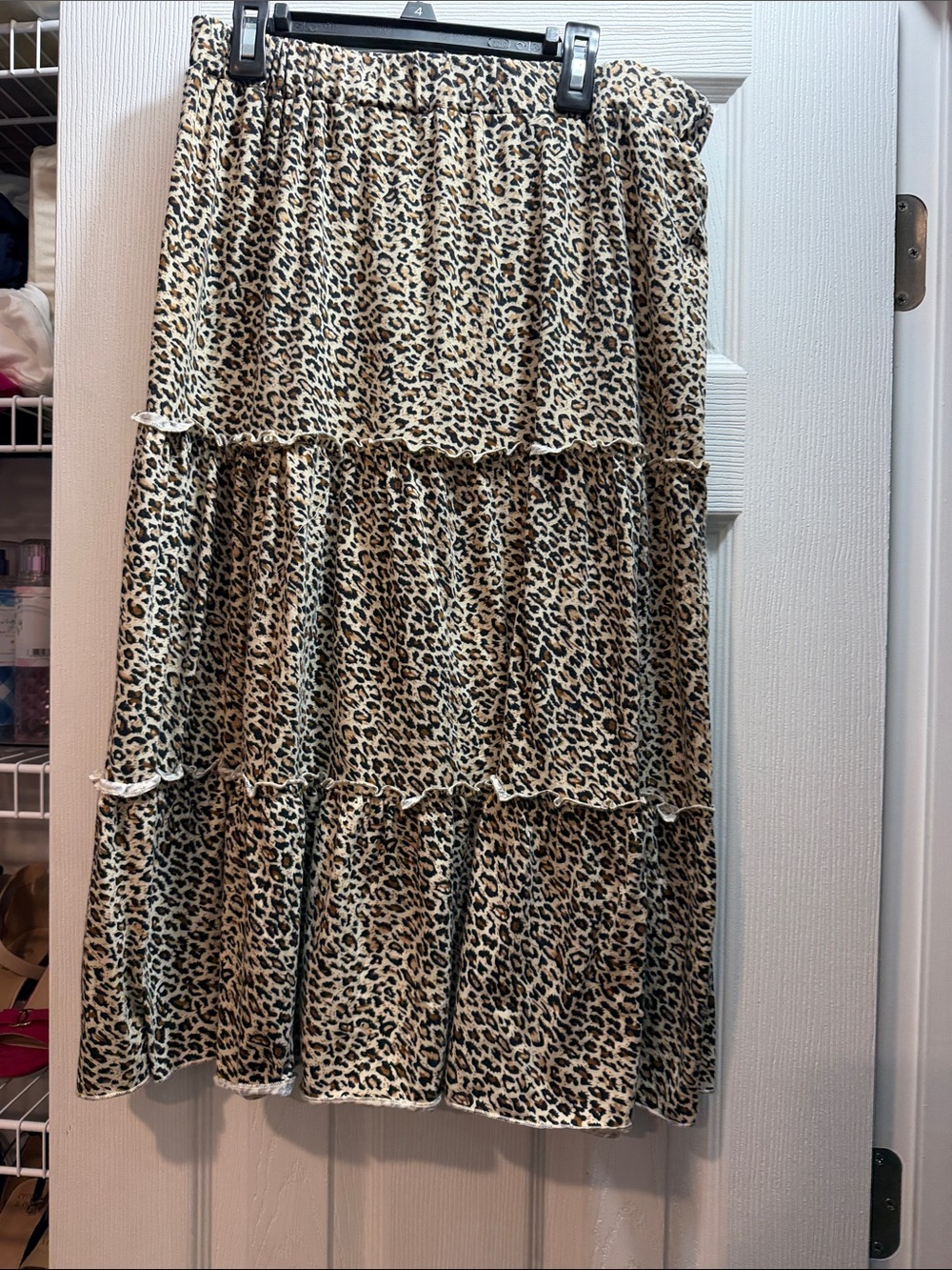 Tickled Teal Leopard Tiered Midi Skirt in Beige and Black